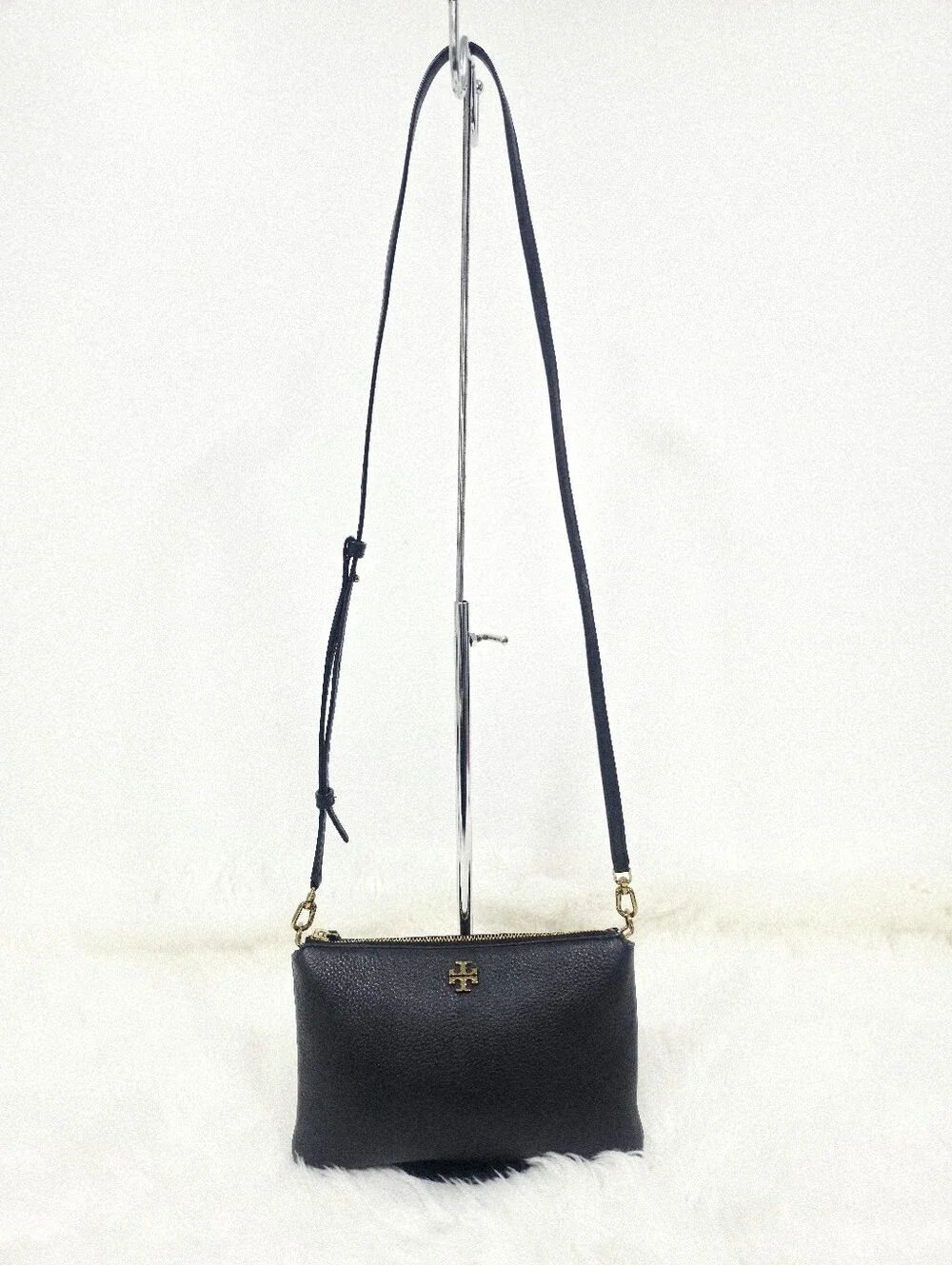 Tory Burch Black Pebbled Leather Crossbody Bag Gold Logo Adjustable Strap